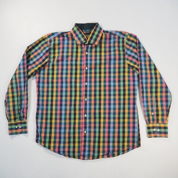 Ziggurat Shirt Mens Extra Large Green Blue Graph Check Flip Cuff Rainbow Maximal - Picture 10 of 10